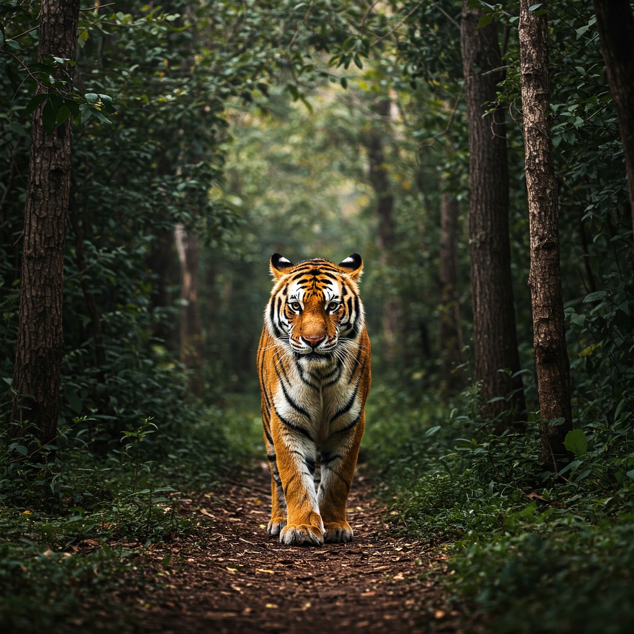 photo of Tiger Walking Through a Forest Path